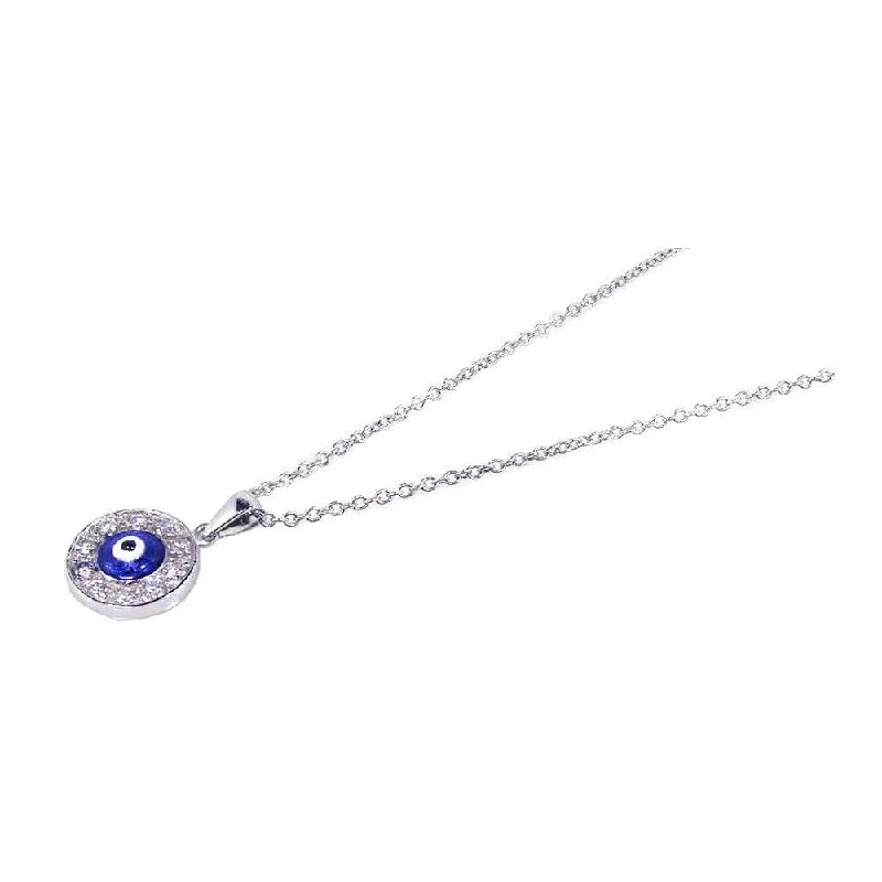 Silver 925 Rhodium Plated Clear CZ Evil Eye - Blue Round Pendant Necklace - STP00607