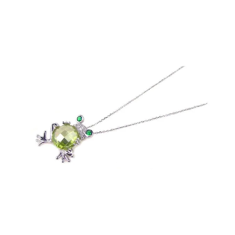 Silver 925 Rhodium Plated Clear CZ Frog Pendant Necklace - STP00643