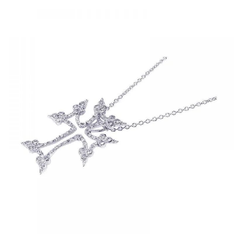 Silver 925 Rhodium Plated Clear CZ Tree Cross Pendant Necklace - STP00602