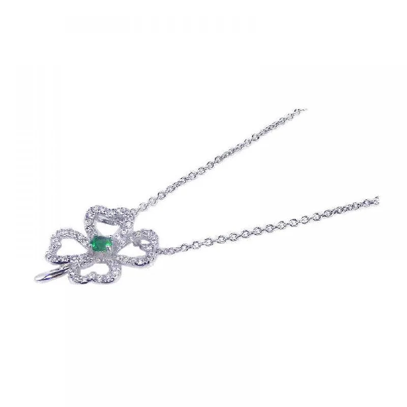 Silver 925 Rhodium Plated Clover Clear CZ Inlay Necklace - STP00532