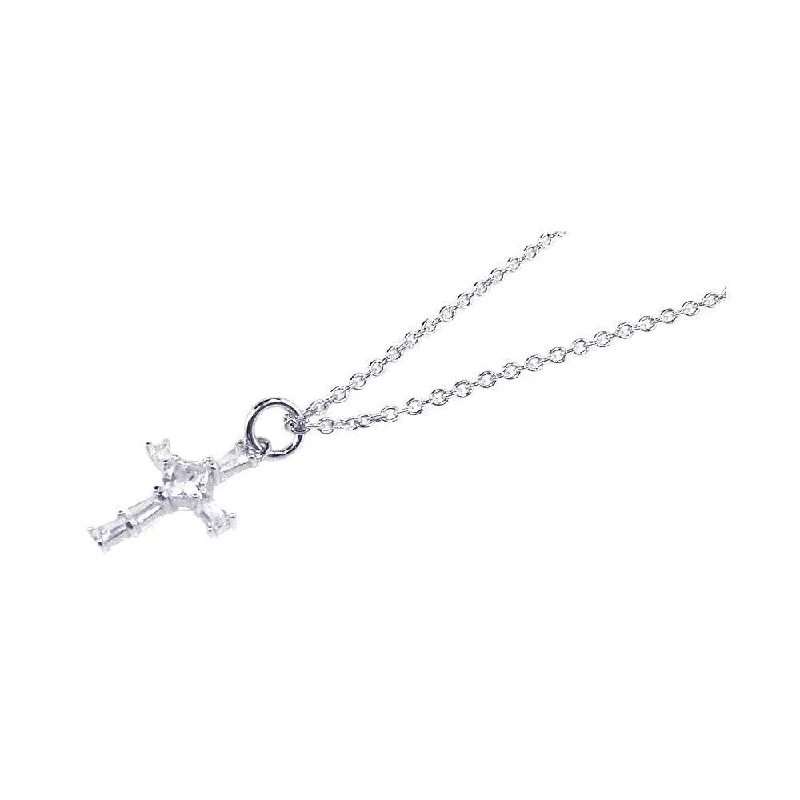 Silver 925 Rhodium Plated Cross Baguette and Square CZ Dangling Ring Necklace - STP00534