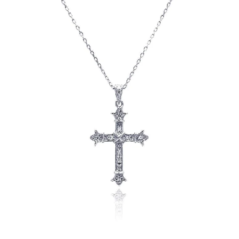 Silver 925 Rhodium Plated Cross CZ Necklace - BGP00480