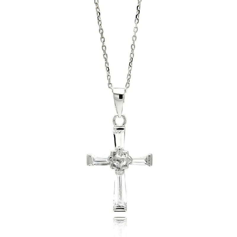 Silver 925 Rhodium Plated Cross CZ Necklace - BGP00549