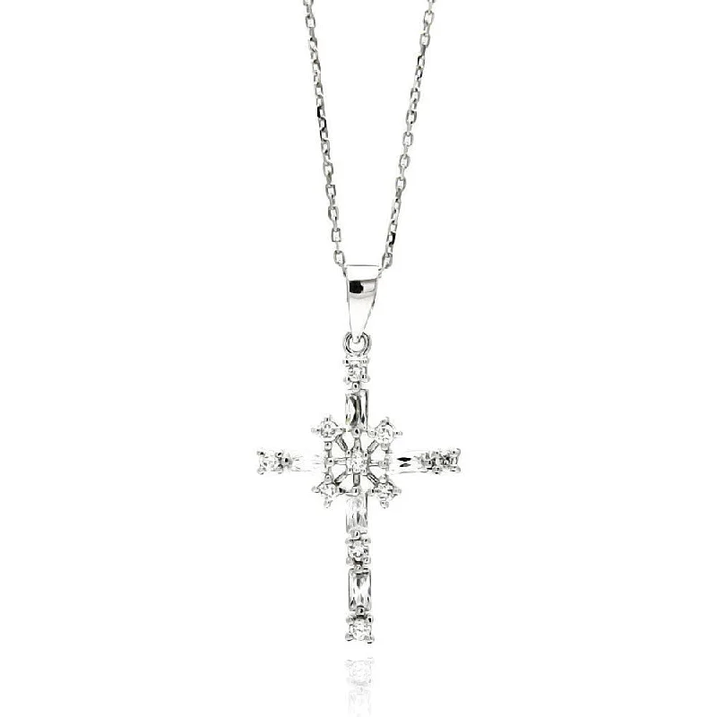 Silver 925 Rhodium Plated Cross CZ Necklace - BGP00554