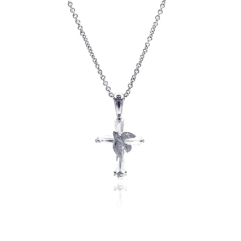 Silver 925 Rhodium Plated Cross Dove Pendant Necklace - STP00013