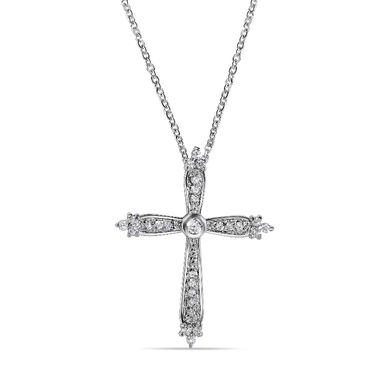 Silver 925 Rhodium Plated Cross Small CZ Inlay Dangling Necklace - STP00538