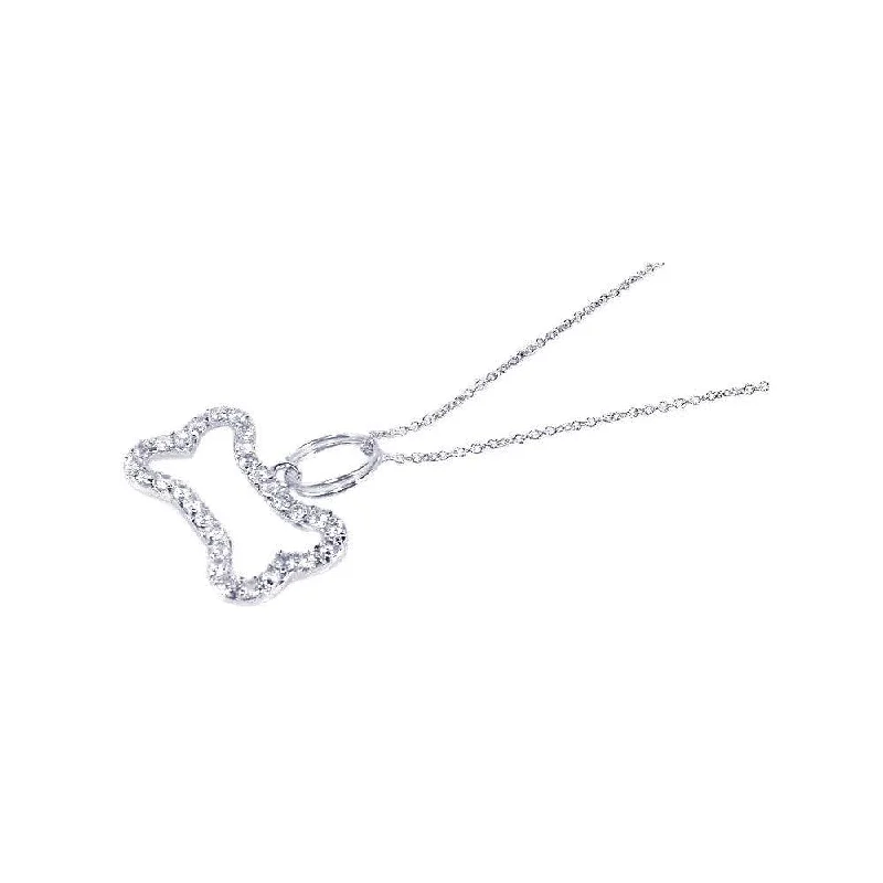 Silver 925 Rhodium Plated CZ Dog Bone Outline Pendant Necklace - STP00512