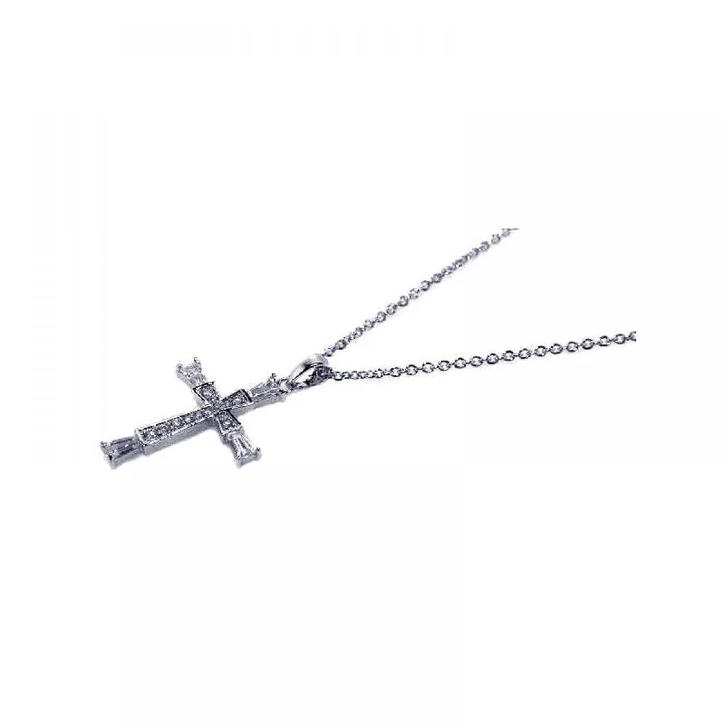 Silver 925 Rhodium Plated CZ Inlay Cross Pendant Necklace - STP00448