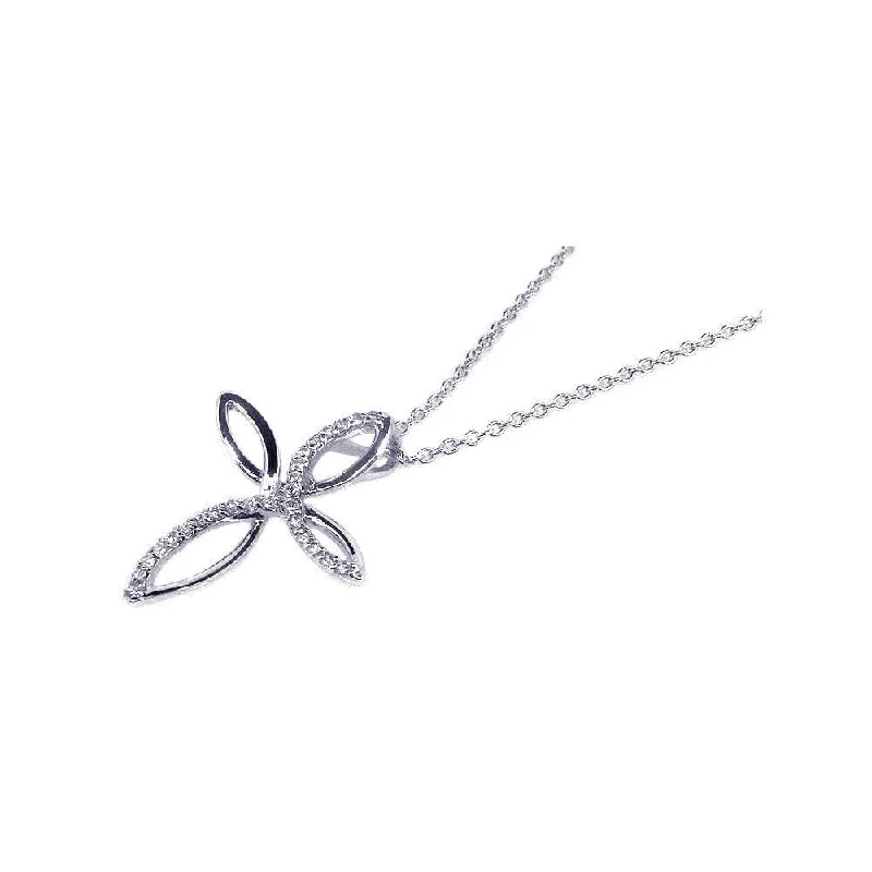 Silver 925 Rhodium Plated CZ Script Cross Pendant Necklace - STP00502