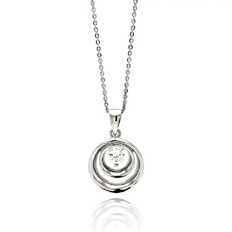 Silver 925 Rhodium Plated Double Open Circle Center CZ Necklace - BGP00567