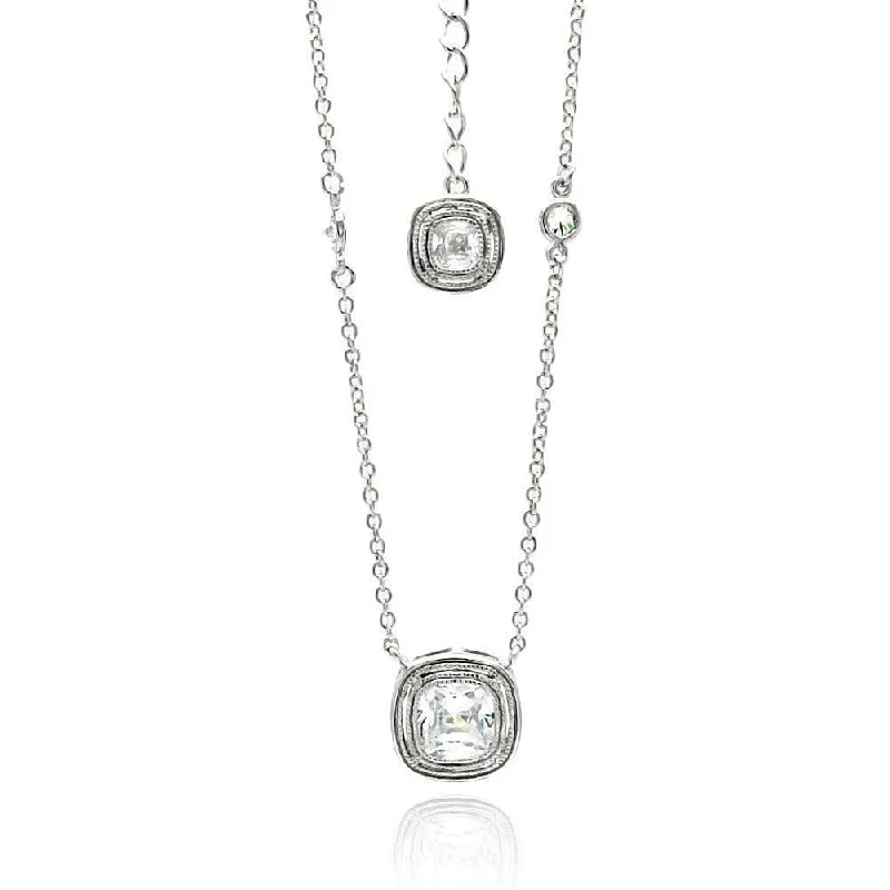 Silver 925 Rhodium Plated Double Square CZ Necklace - BGP00494