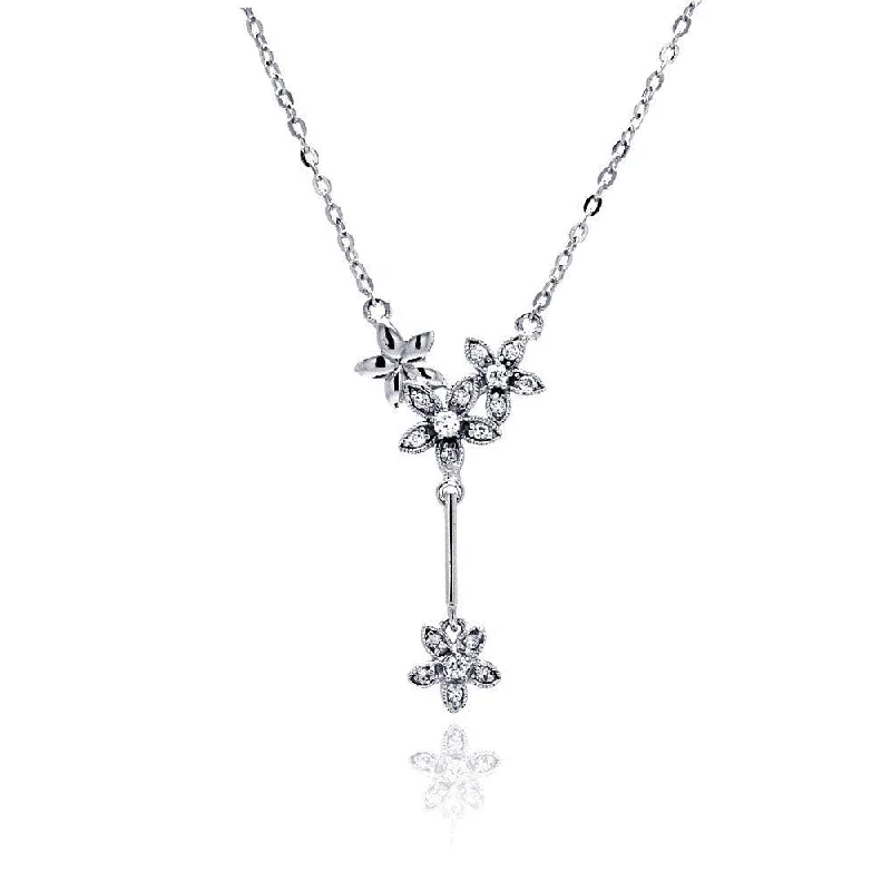 Silver 925 Rhodium Plated Flower CZ Dangling Necklace - BGP00469