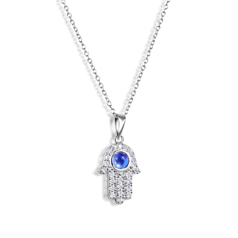 Silver 925 Rhodium Plated Hamsa Evil Eye CZ Necklace - BGP00463