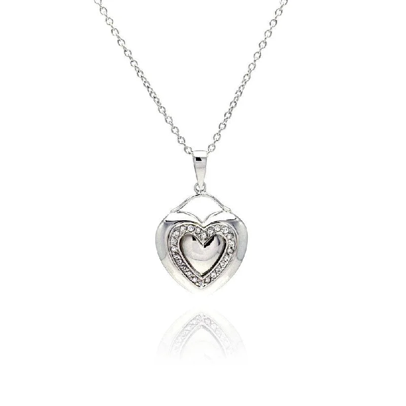 Silver 925 Rhodium Plated Heart Clear CZ Inlay Dangling Necklace - STP00526