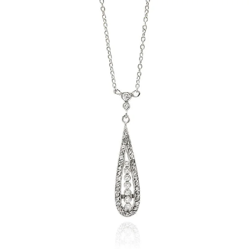 Silver 925 Rhodium Plated Long Teardrop CZ Necklace - BGP00513