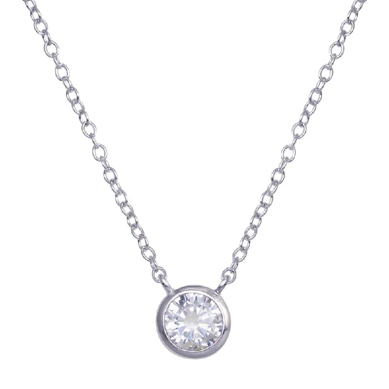 Silver 925 Rhodium Plated Round Solitaire CZ Necklace - STP00593