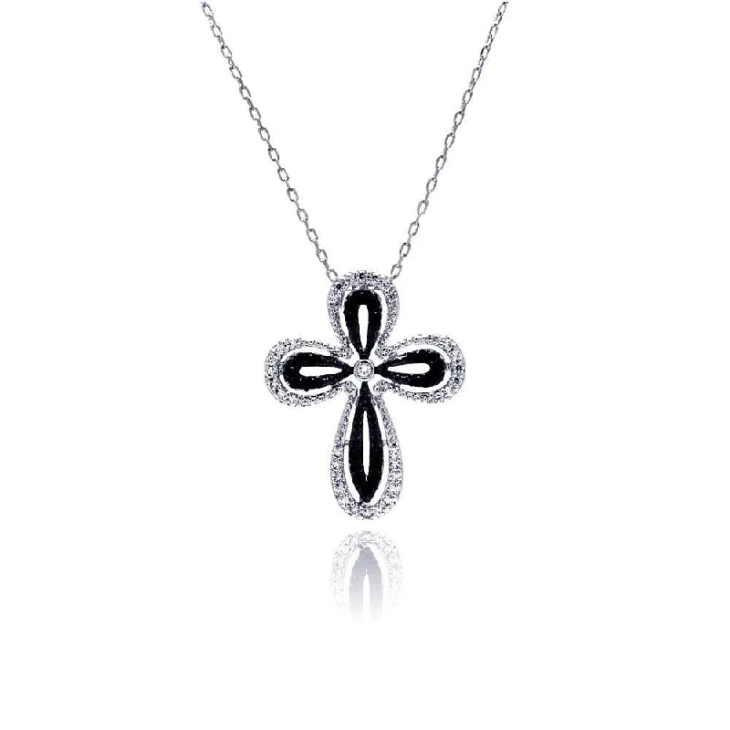 Silver 925 Rhodium Plated Open Black and Clear Cross CZ Necklace - BGP00482