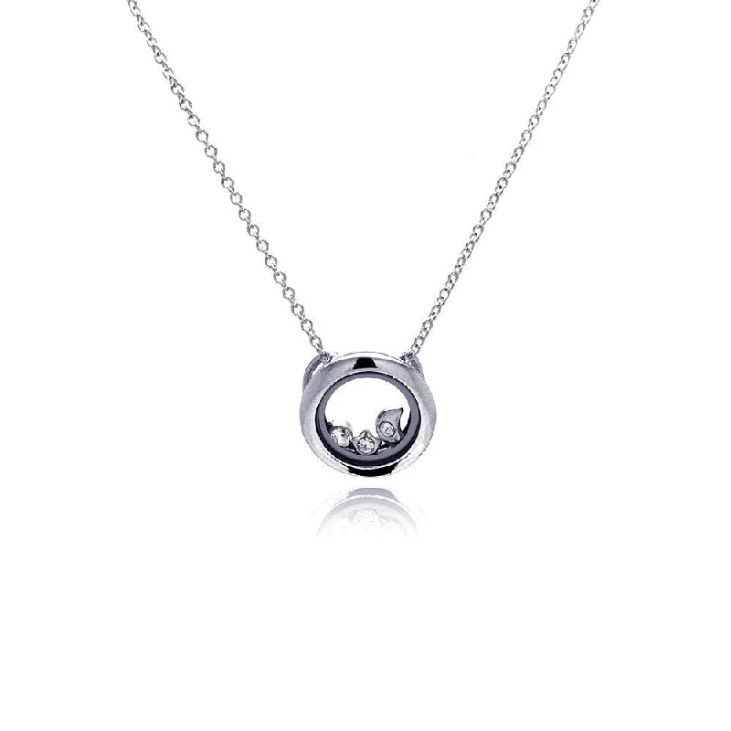 Silver 925 Rhodium Plated Open Circle Clear CZ Accentuated Pendant Necklace - STP00058