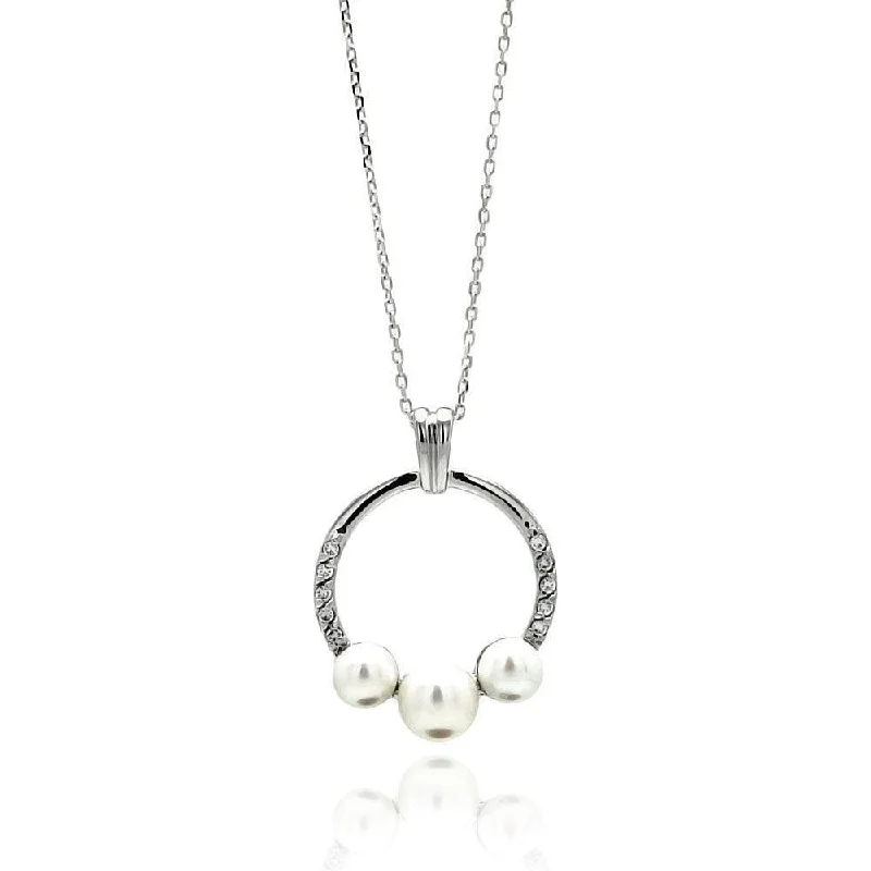 Silver 925 Rhodium Plated Open Circle Fresh Water Pearl Necklace - BGP00556