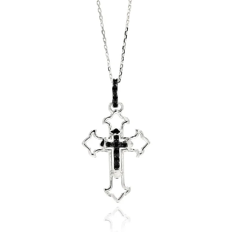 Silver 925 Rhodium Plated Open Cross Black and Clear CZ Necklace - BGP00547