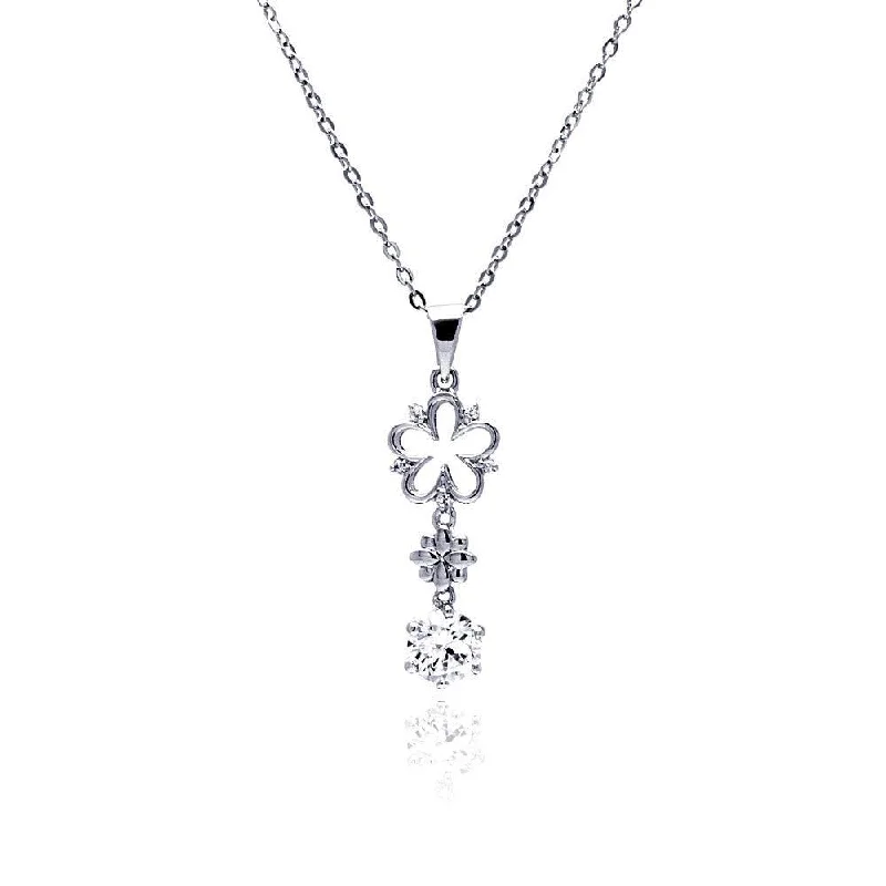 Silver 925 Rhodium Plated Open Flower CZ Hanging Necklace - BGP00476