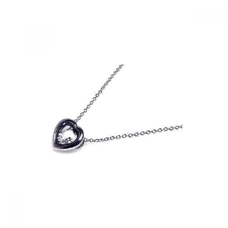 Silver 925 Rhodium Plated Open Heart Clear CZ Accent Pendant Necklace - STP00059