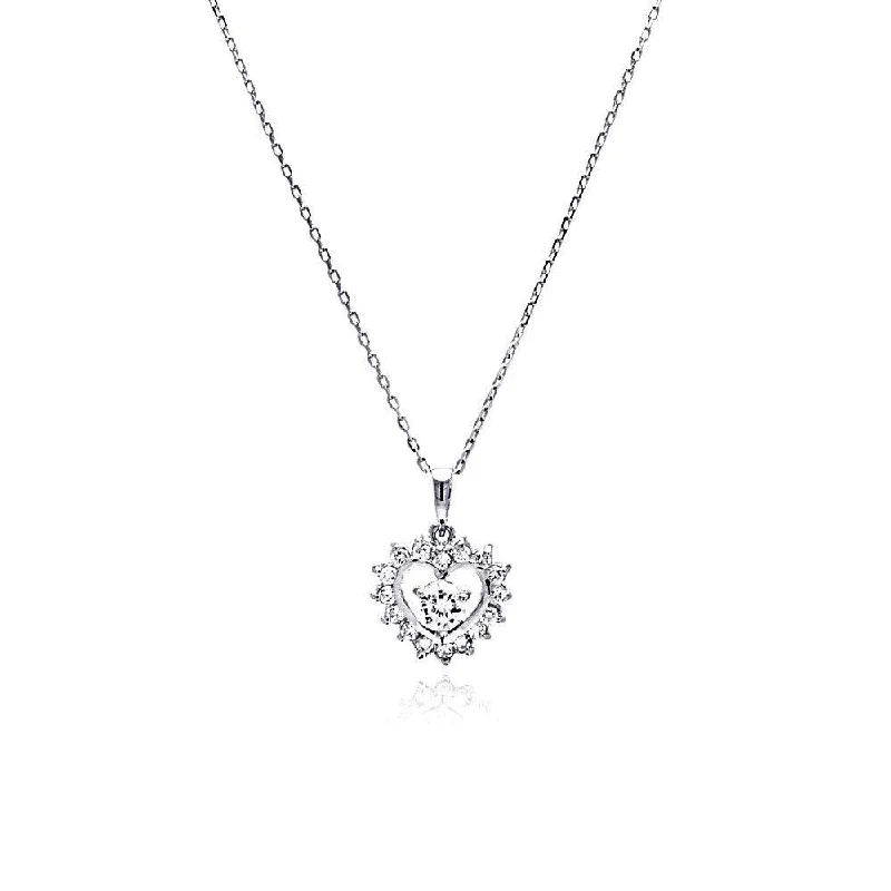 Silver 925 Rhodium Plated Open Heart CZ Necklace - BGP00465