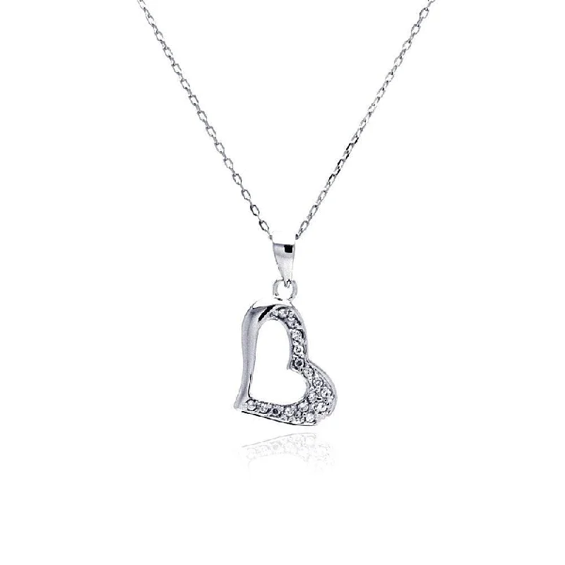 Silver 925 Rhodium Plated Open Heart CZ Necklace - BGP00481