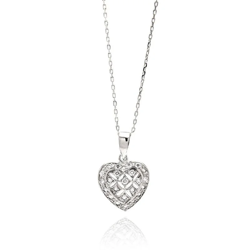 Silver 925 Rhodium Plated Open Heart CZ Necklace - BGP00553