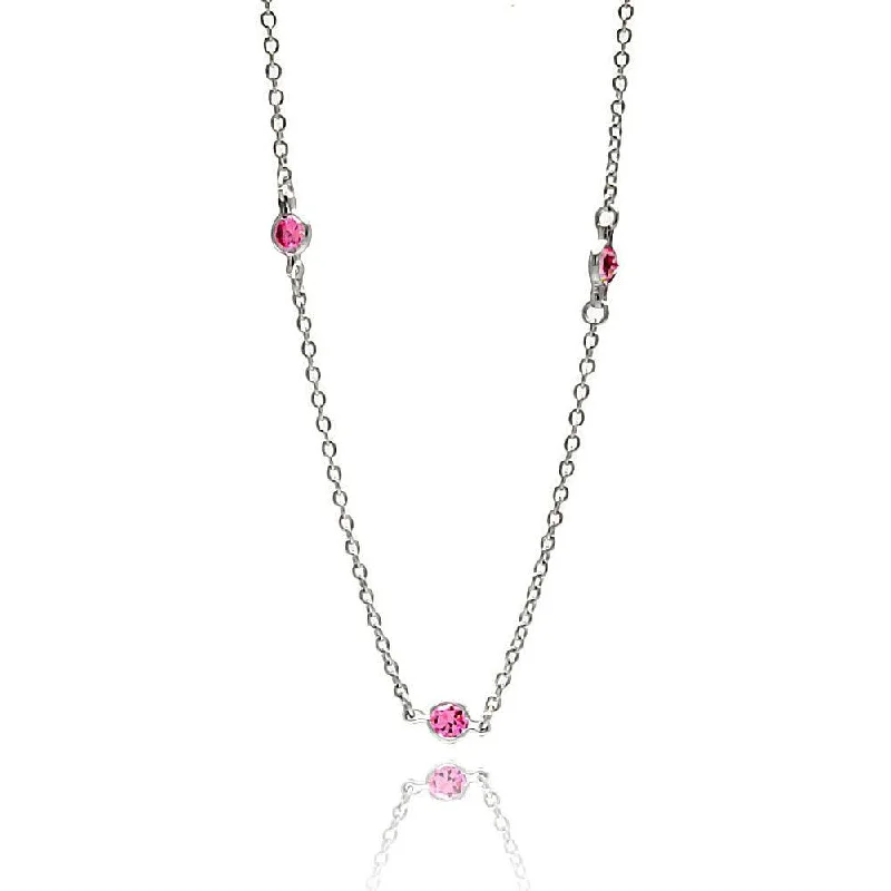 Silver 925 Rhodium Plated Pink CZ By The Yard Necklace - STP00039PNK