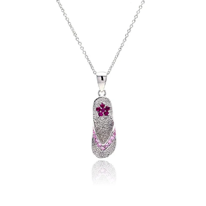 Silver 925 Rhodium Plated Violet and Purple Flower CZ Dangling Sandal Necklace - STP00366