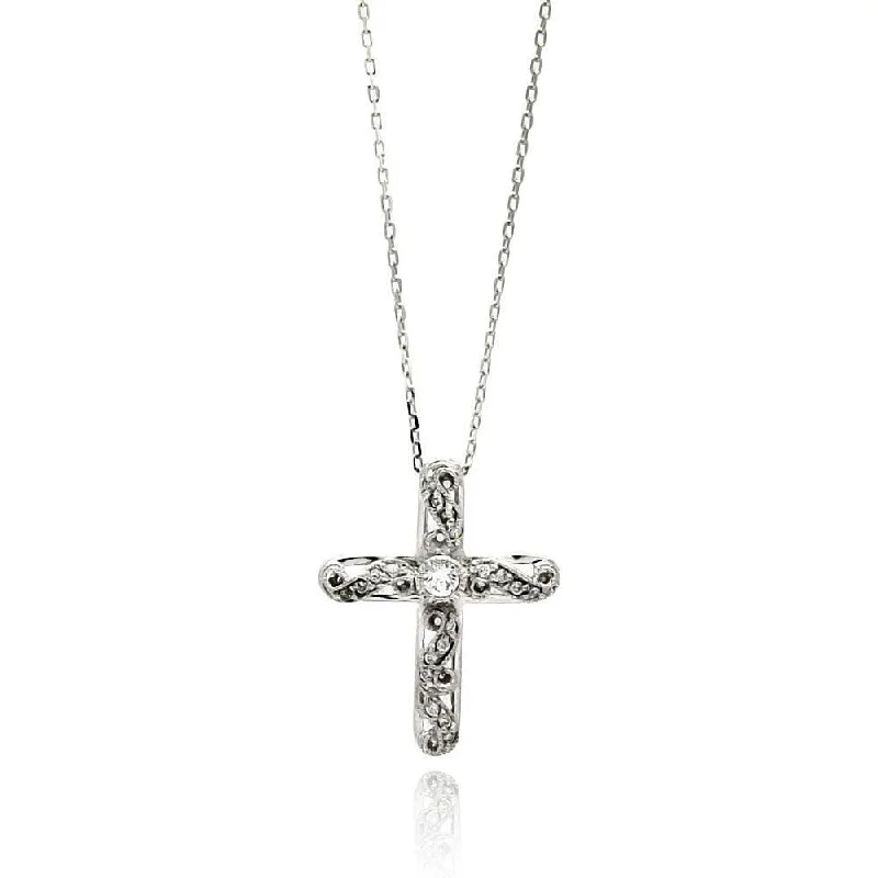 Silver 925 Rhodium Plated Wave Cross CZ Necklace - BGP00523