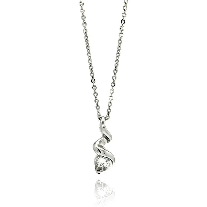 Silver 925 Rhodium Plated Wave CZ Necklace - BGP00534