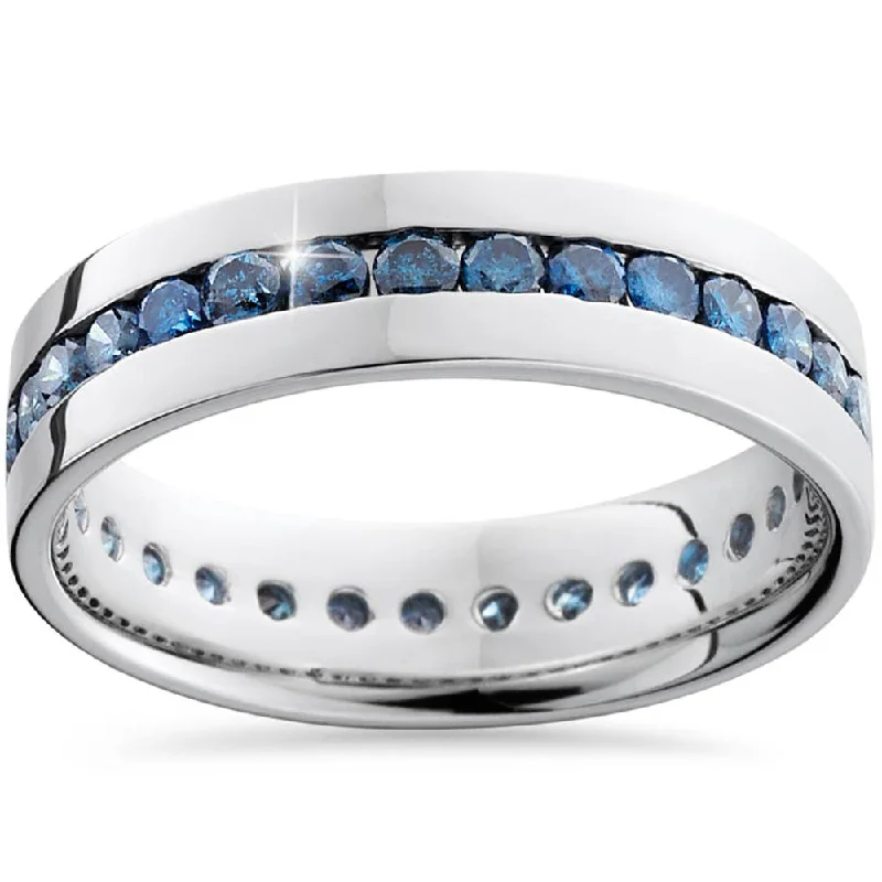 1 1/5ct Blue Diamond Channel Set Eternity Ring 14K White Gold