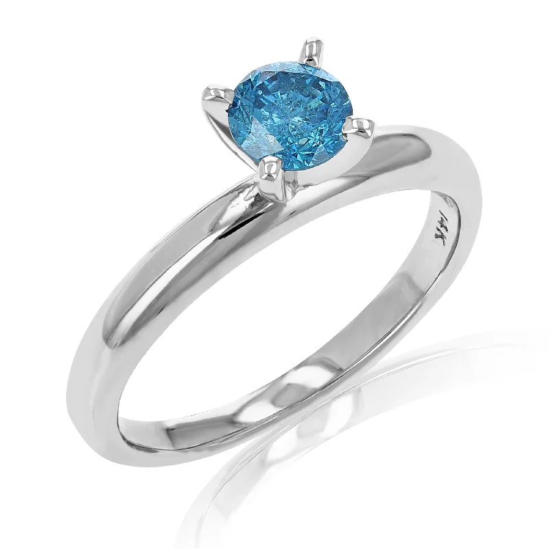 1/2 cttw Blue Diamond Solitaire Enagement Ring 14K White Gold Round Prong Set