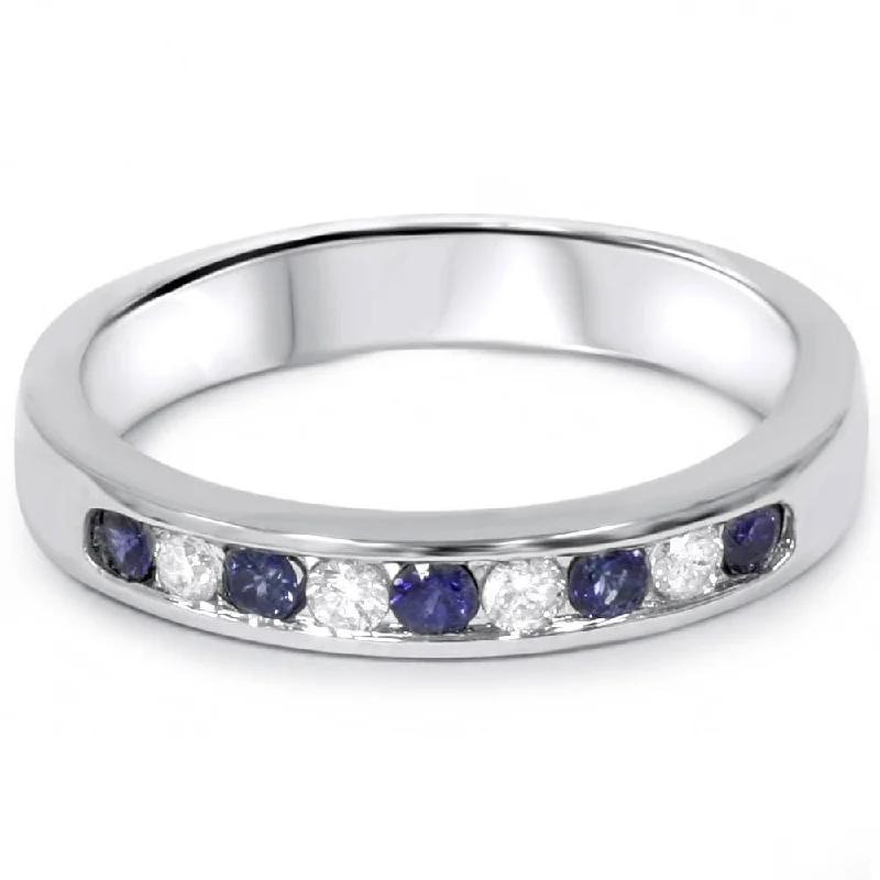 1/4ct Blue Sapphire Lab Grown Diamond Channel Set Wedding Ring White Gold