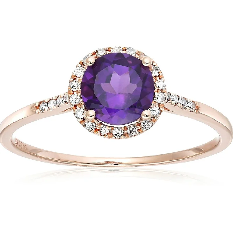 10k Rose Gold African Amethyst and Diamond Classic Princess Di Halo Engagement Ring, Size 7