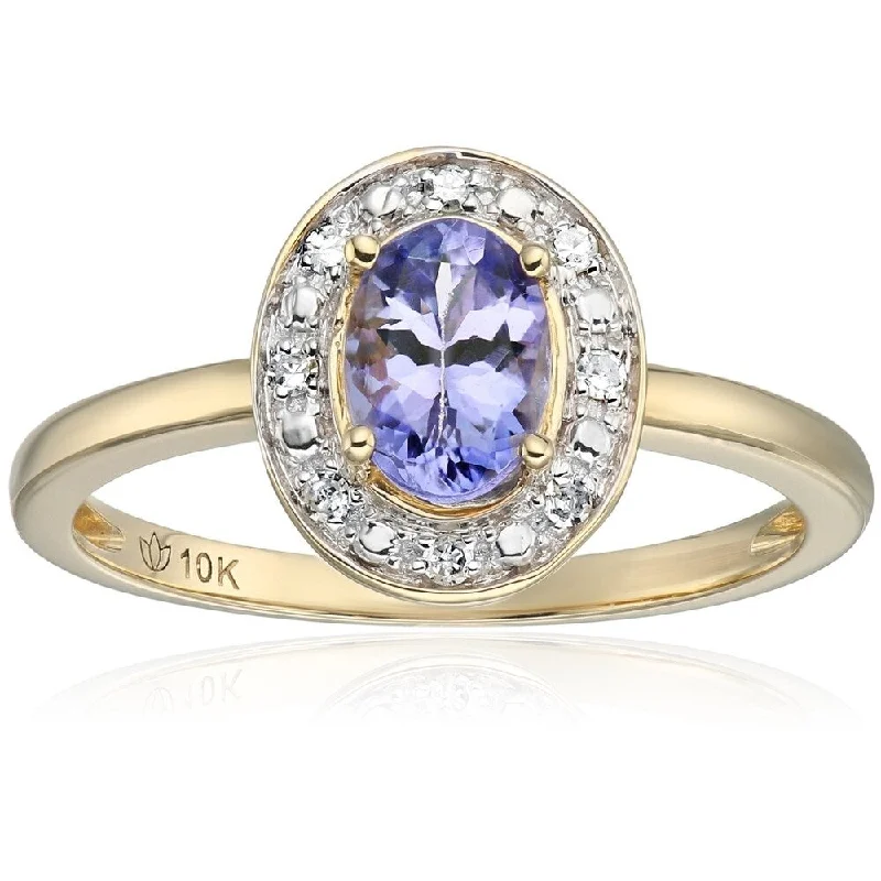 10k Yellow Gold Tanzanite Diamond Classic Halo Engagement Ring, SZ 7 - Blue