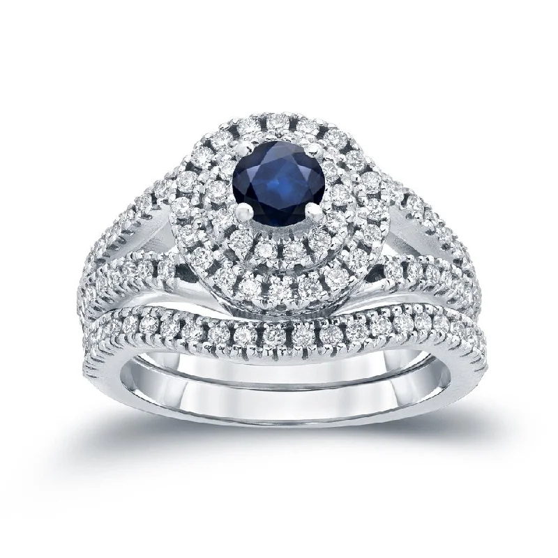 14k Gold 2/5ct Sapphire and 4/5ct TDW Diamond Halo Engagement Ring Set by Auriya