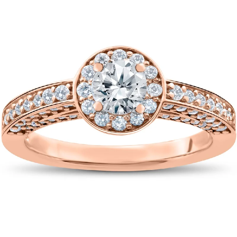 14k Rose Gold 1 ct TDW Diamond Halo Engagement Ring - White I-J - White I-J