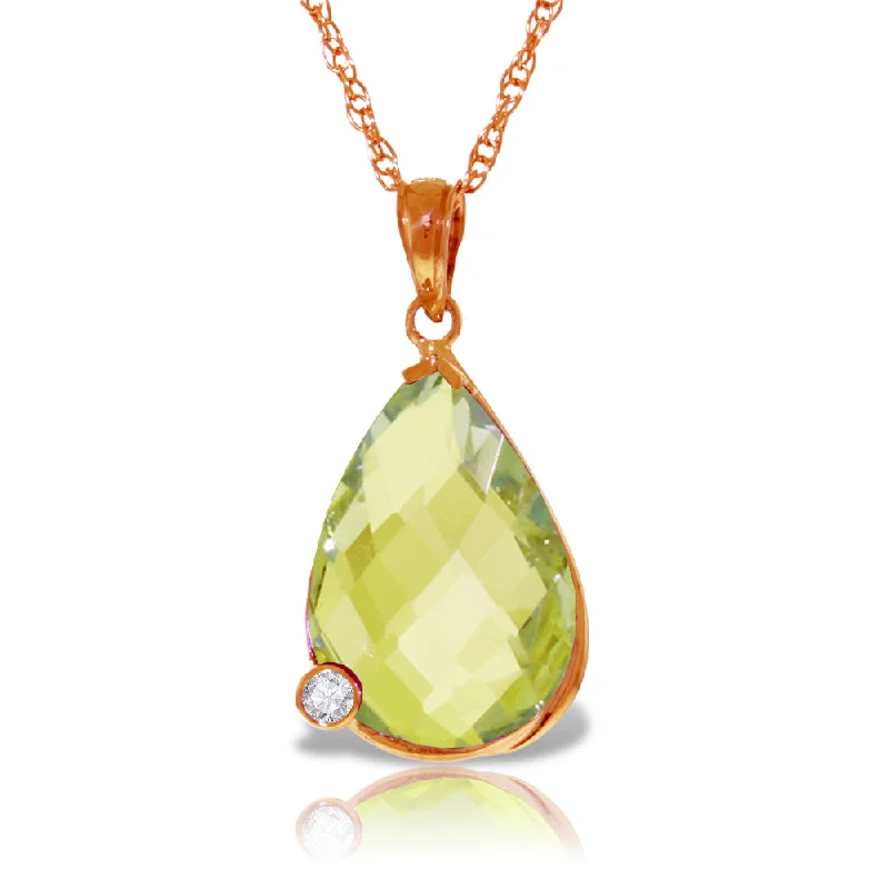 14K Solid Rose Gold Necklace w/ Briolette Checkerboard Cut Lemon Quartz & Diamond