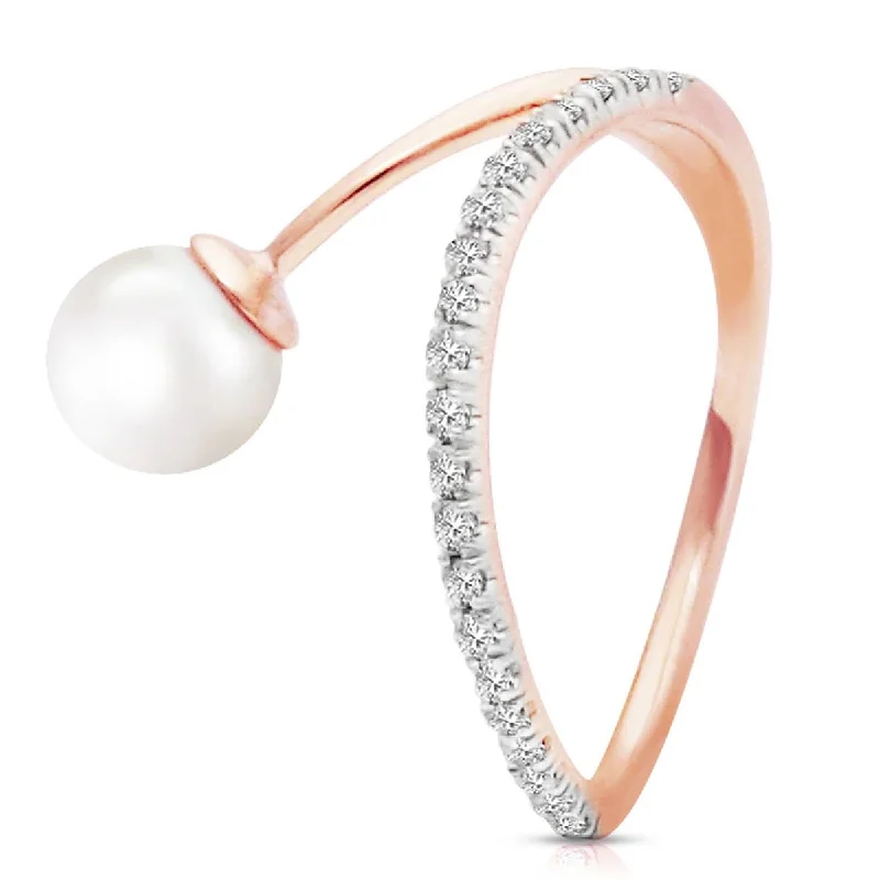 14K Solid Rose Gold Ring Natural Diamond & Pearl Certified