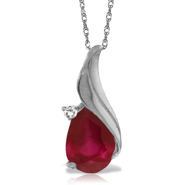 14K Solid White Gold Necklace Natural Diamond & Ruby Gemstone