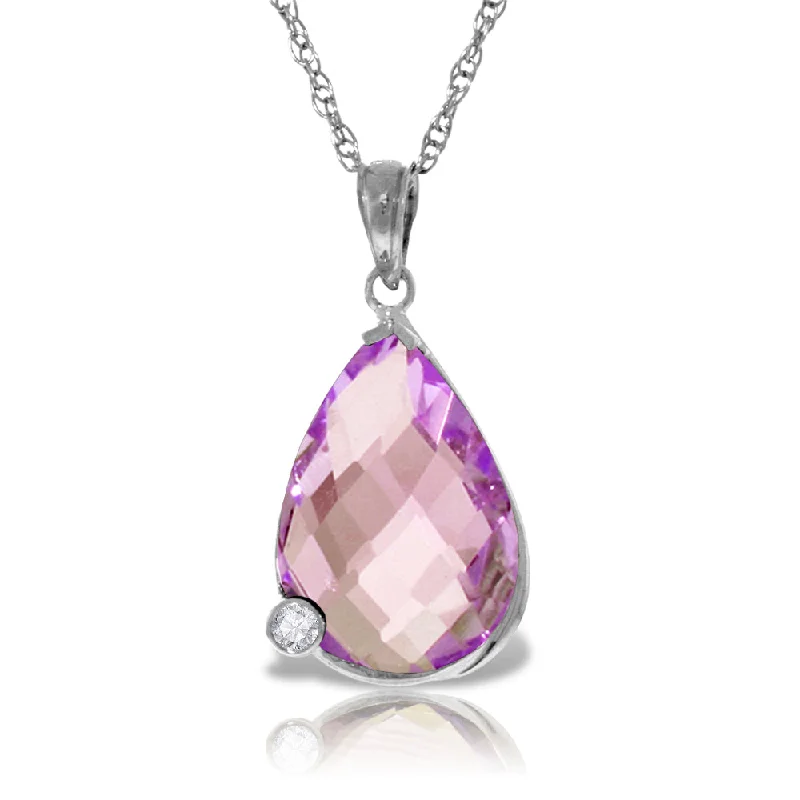 14K Solid White Gold Necklace w/ Briolette Checkerboard Cut Amethyst & Diamond