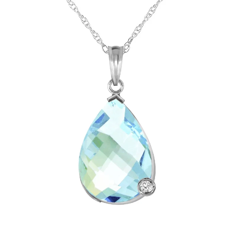 14K Solid White Gold Necklace w/ Briolette Checkerboard Cut Blue Topaz & Diamond