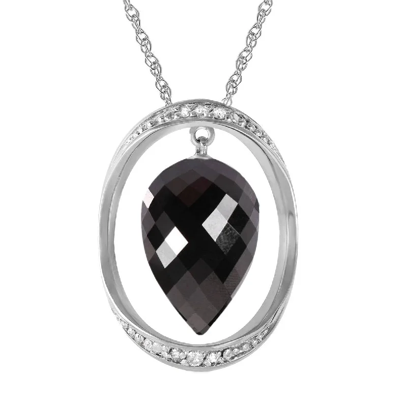 14K Solid White Gold Necklace w/ Diamonds & Briolette Pointy Drop Black Spinel