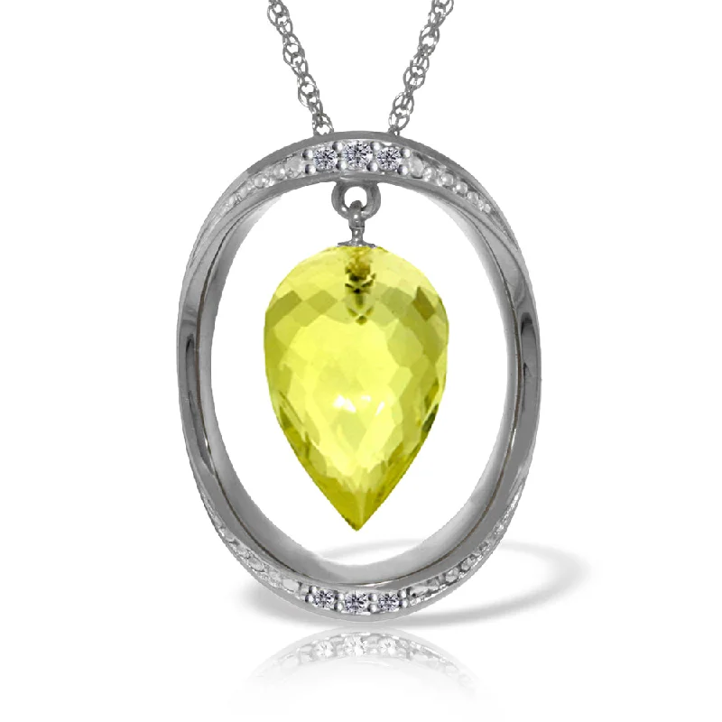 14K Solid White Gold Necklace w/ Diamonds & Briolette Pointy Drop Lemon Quartz