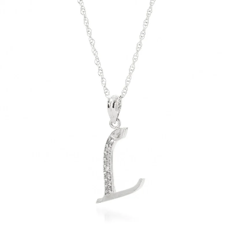 14K Solid White Gold Necklace w/ Natural Diamonds Initial 'l' Pendant