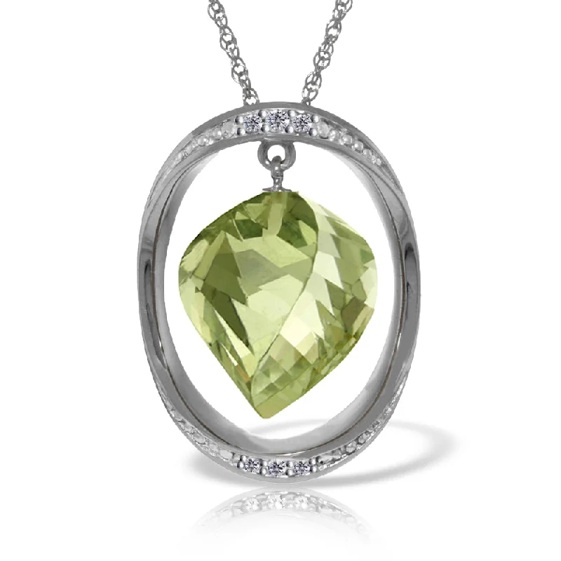 14K Solid White Gold Necklace w/ Natural Twisted Briolette Green Amethyst & Diamond