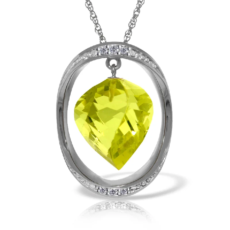 14K Solid White Gold Necklace w/ Natural Twisted Briolette Lemon Quartz & Diamonds